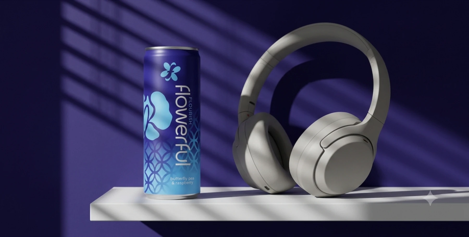 flowerful FLOURISH can styled beside headphones on a lit shelf