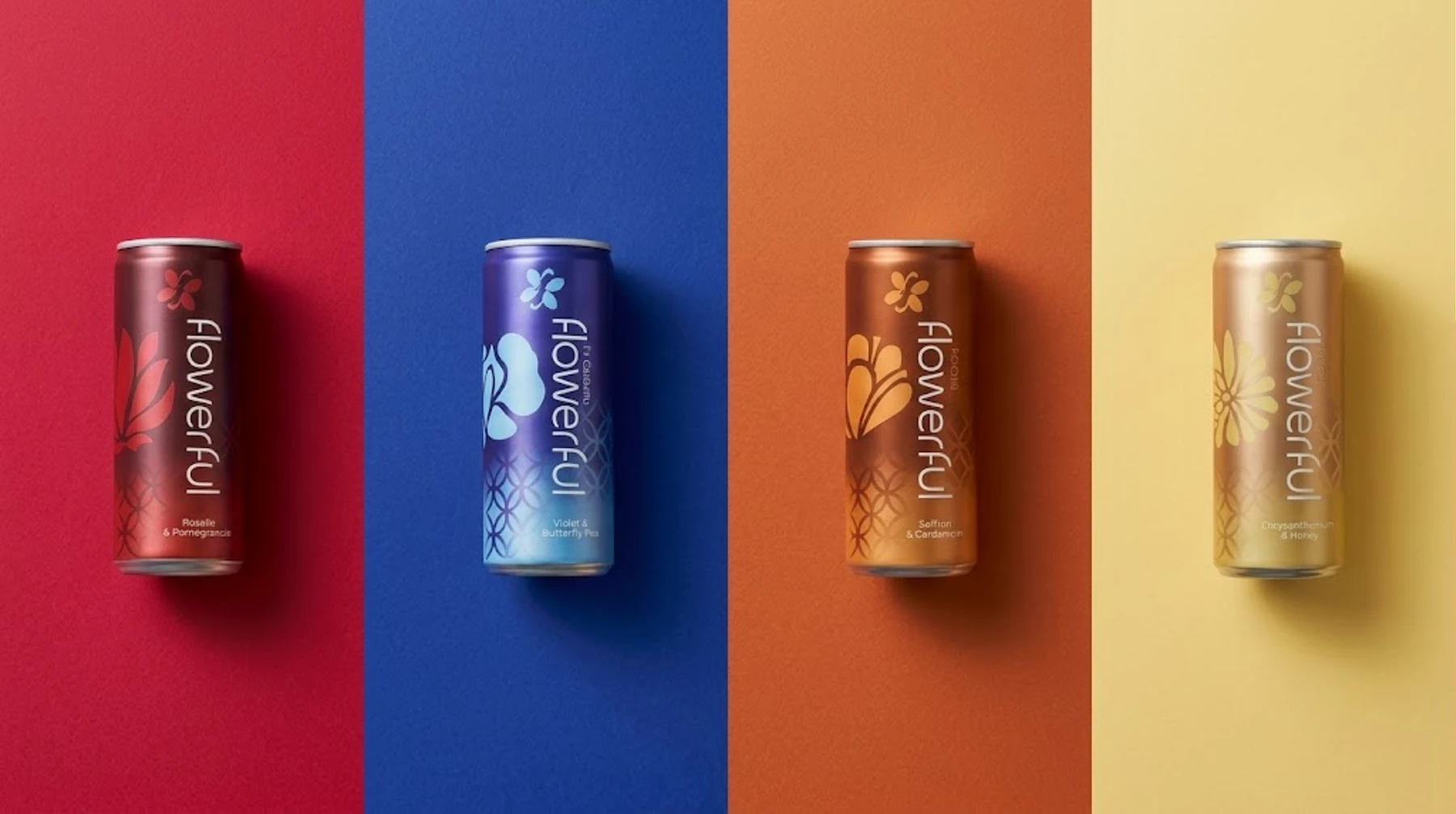 The full flowerful range: FLOW, FLOURISH, FOCUS and FLOAT cans on colour-blocked backgrounds